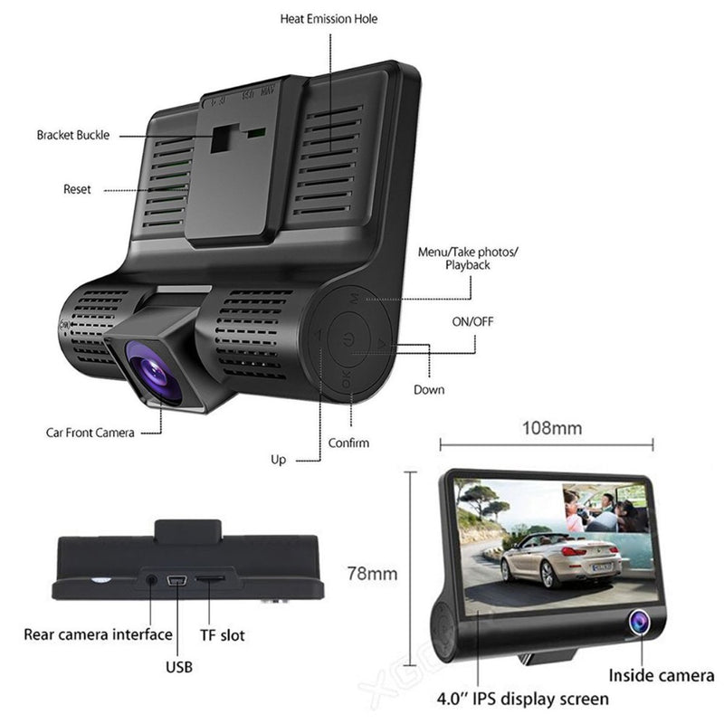 Camara Para Carro 3 Lentes DVR 1080p Full Hd Dash Cam 3 En 1